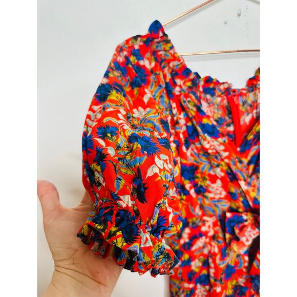 SALONI Red Floral Flame Azalea Olivia Tie-Waist 100% Silk Ruched Ruffles Dress 6 - Picture 10 of 16